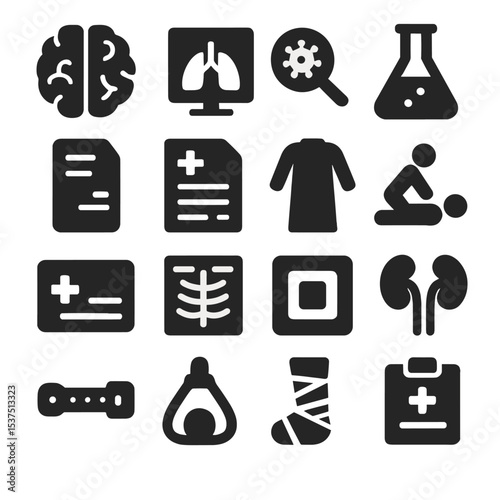 Medical Icons Set. Solid style icons of medical and healthcare: brain icon, lung scan, microscope view, lab beaker, prescription