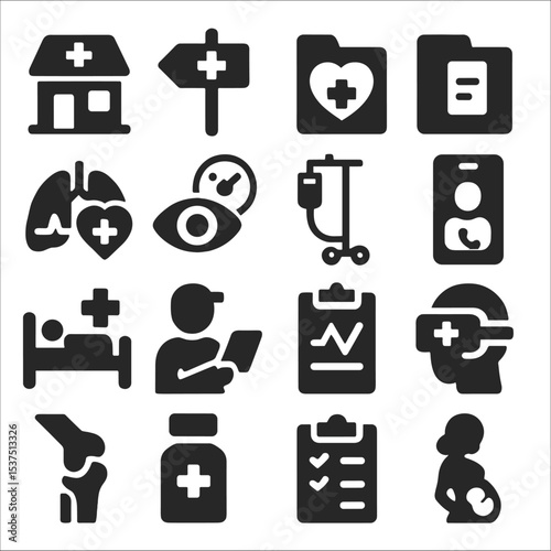 Medical Icons Collection. Solid style icons of medical and healthcare: outpatient clinic icon, hospital routing sign, chronic care