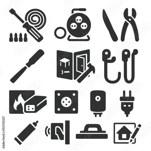 DIY Tools Icons. Solid style icons of home improvement and DIY: multi-bit screwdriver, wire coiling icon, extension cable reel,