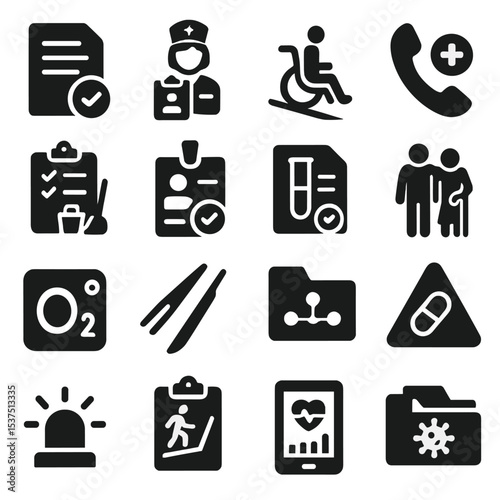 Medical Icons Collection. Solid style icons of medical and healthcare: discharge approval file, nurse report board, wheelchair