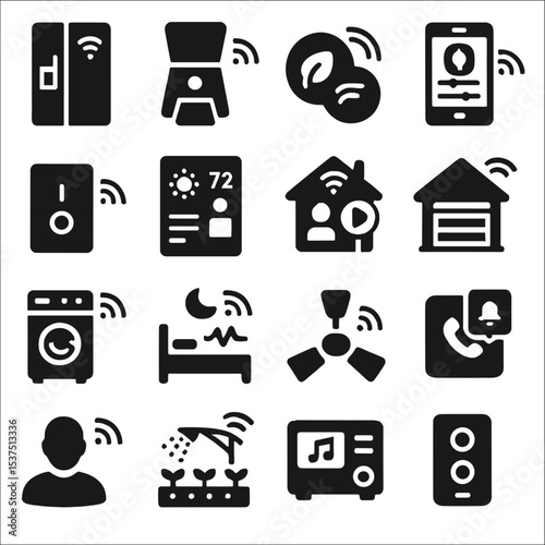 Smart Home Icons. Solid style icons of smart home automation: smart fridge icon, automatic pet feeder, air quality sensor,