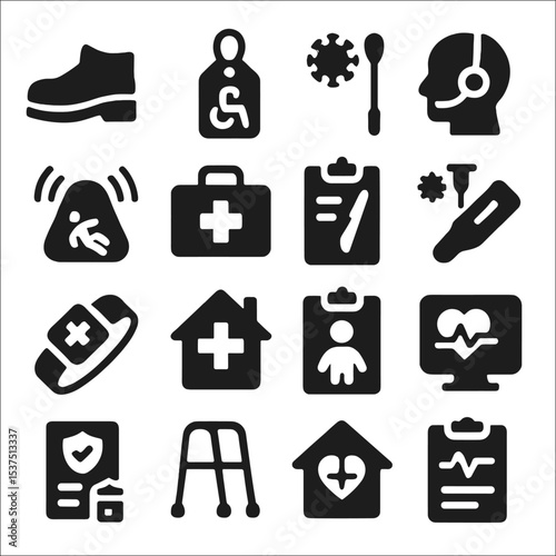 Healthcare Icons Collection. Solid style icons of medical and healthcare: orthopedic shoe icon, assistive device tag, COVID