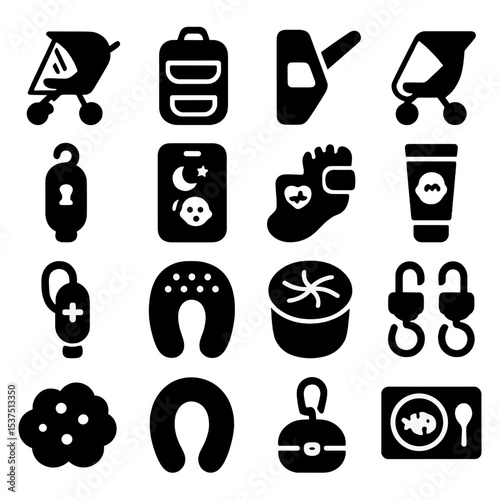 Parenting Essentials Icons. Solid style icons of parenting essentials: stroller rain shield, backseat baby organizer, child