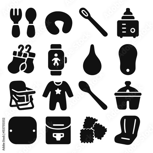 Parenting Essentials Icons. Solid style icons of parenting essentials: toddler fork and spoon, nursing arm cushion, infant tongue