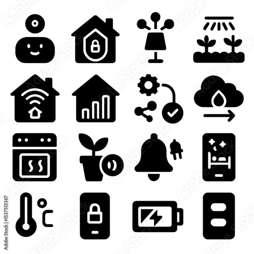 Smart Home Icons. Solid style icons of smart home automation: home AI assistant hub, security zone monitor, connected lighting