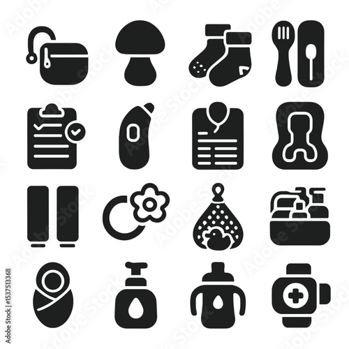 Parenting Essentials Icons. Solid style icons of parenting essentials: baby pacifier holder pouch, smart night lamp, baby foot