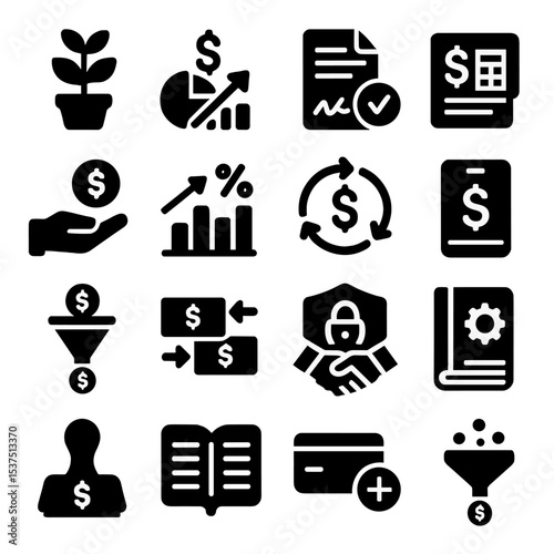 Business Finance Icons. Solid style icons of business and finance: money growth plant, profit margin icon, digital signature