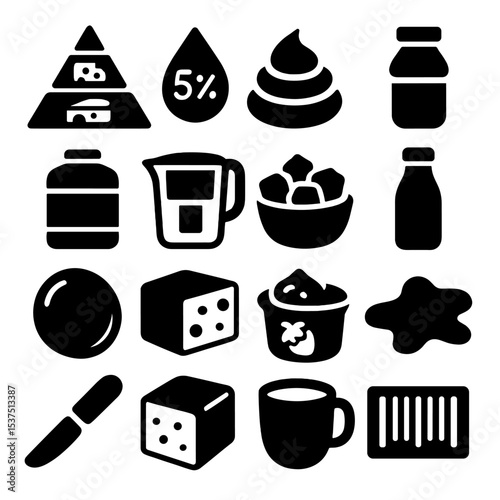 Dairy Icons Collection. Solid style icons of dairy and milk: dairy food pyramid, milk fat percentage label, cream swirl icon,