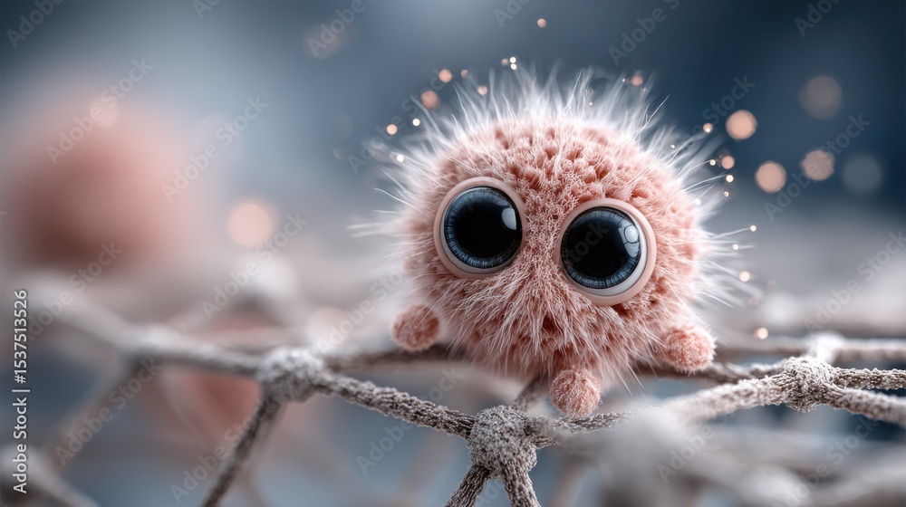 Obraz premium A fluffy cartoon character with large eyes rests on a web-like formation. Delicate particles float around in a dreamy, softly lit background creating a whimsical atmosphere.