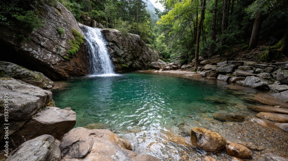 Naklejka premium A stunning waterfall pours into a clear turquoise pool, surrounded by rocks and vibrant greenery. Sunlight filters through the trees, creating a peaceful, natural setting.