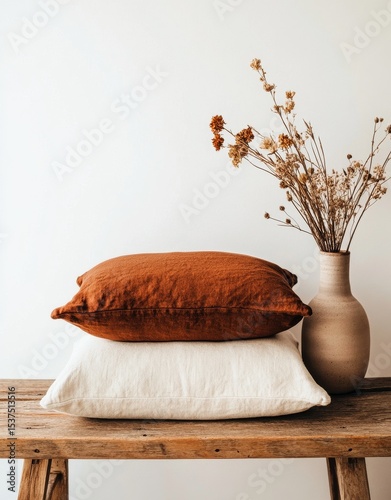 Cozy Home Decor With Stacked Pillows and Dried Flowers in a Simple Vase on a ...