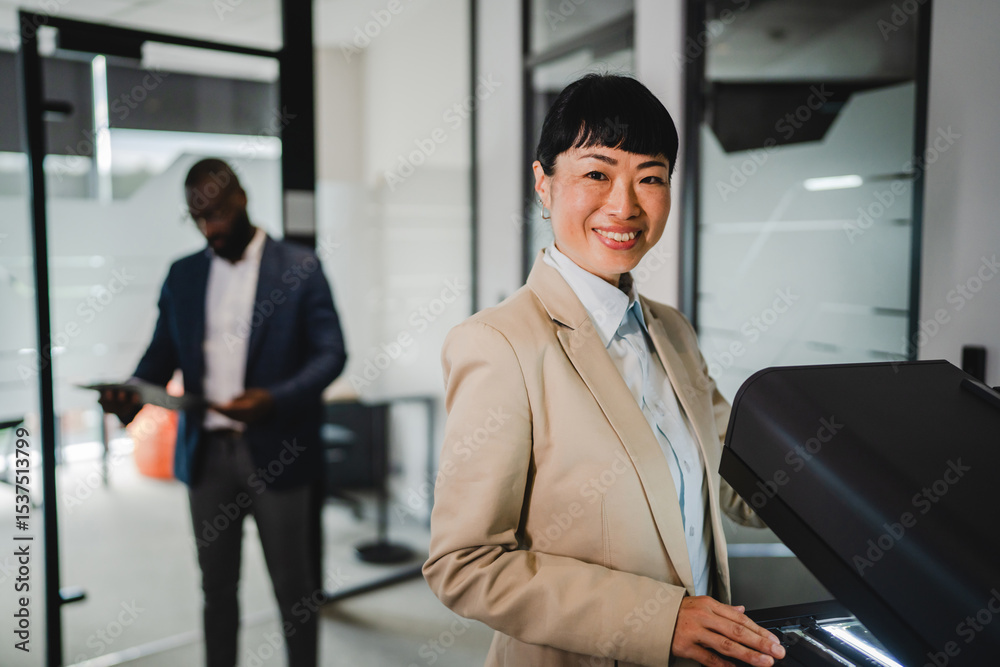Fototapeta premium Mature japanese businesswoman use photocopy machine in hallway of company