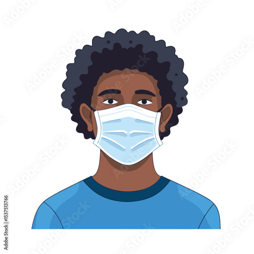 Young Afro man wearing medical mask character vector illustration for professional designs