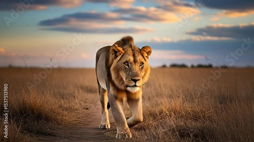 Lion Walking Through Dry Grassland at Dusk Wildlife Scene