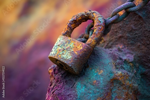 Macro shot of a heavily rusted padlock and chain against a colorful, blurred background shows age and decay.