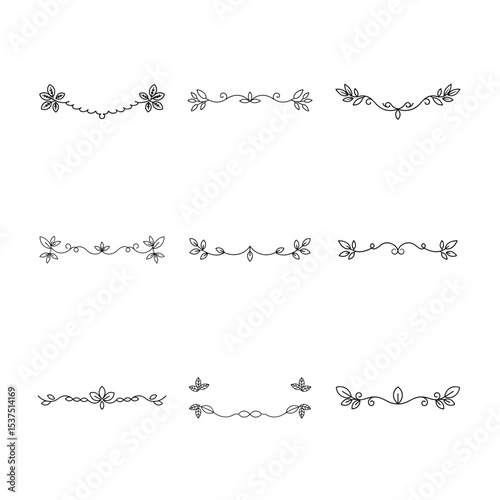 Collection of Nine Hand Drawn Floral and Botanical Dividers and Borders