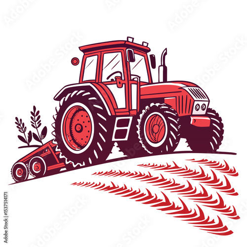 Red tractor on the work field.