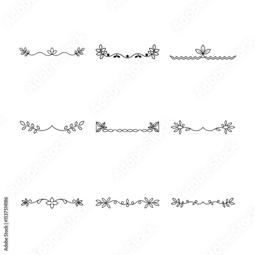 Collection of Nine Delicate Floral Dividers and Borders in Black and White