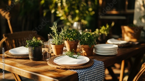 Dining Table Set With Potted Herbs and Clean Dishware in a Warm Outdoor Setti...