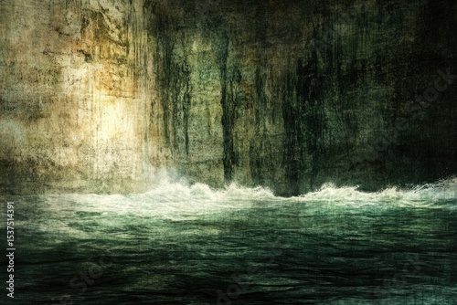 A textured and abstract painting depicts waves crashing against a weathered, green and beige cliff face with a moody atmosphere.