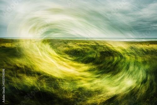 Surreal landscape featuring swirling green grass leading to the ocean under a hazy sky with motion blur effect.