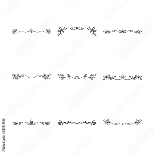 Collection of Nine Hand Drawn Floral Dividers and Borders on White Background