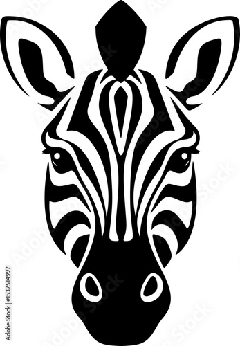 Striped Zebra Portrait Vector. Black and White Monochrome Silhouette. African Animal Savanna Conservation Environment Art