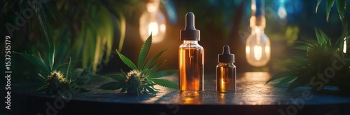 Bottles of Natural Oil Illuminated by Warm Light Among Green Plants in a Sere...