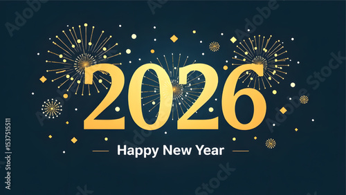 2026 happy new year background banner with illustrations of shiny luxury gold numbers. AI generated design for celebration, 2026 New Year greeting with fireworks. A vector (eps) file is available.