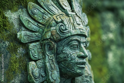 Close-up of an ancient, weathered Mayan stone carving of a noble's head with elaborate headdress, partially covered in moss.