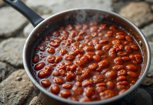 Chili simmering in a pot with steam rising in a rustic outdoor kitchen setting