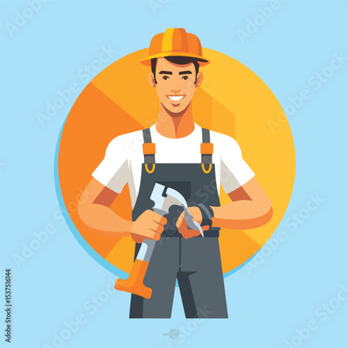 Professional Flat Design of Construction or Industrial Worker Holding Equipment in Vector Illustration