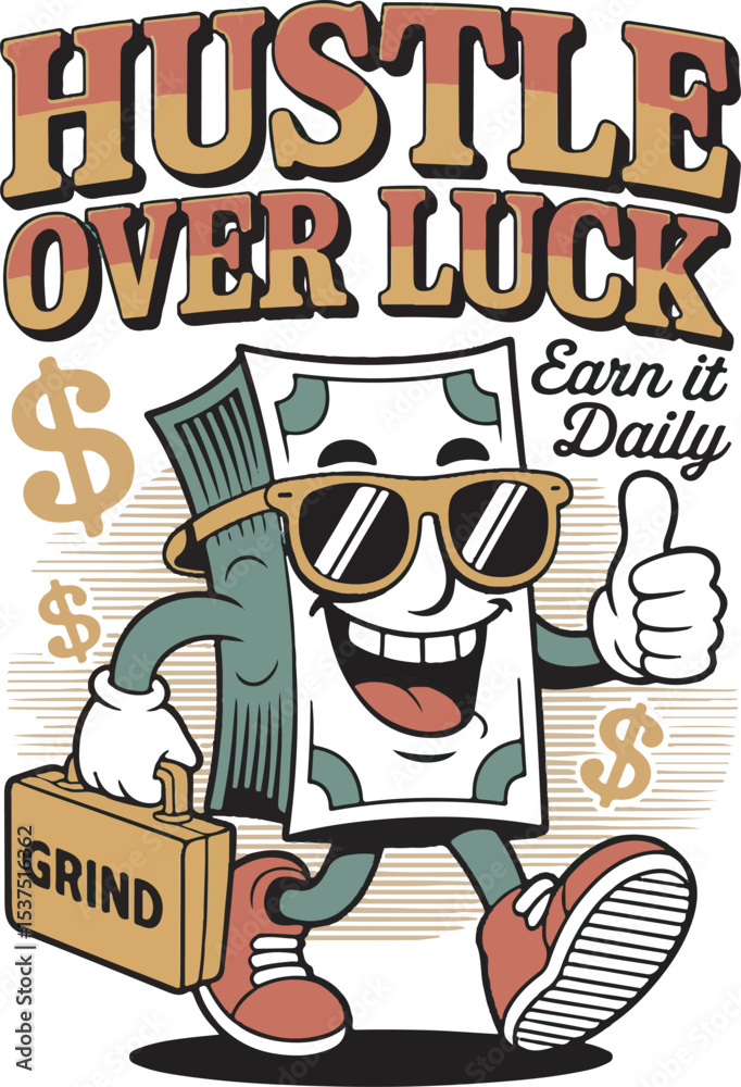 Fototapeta premium Cartoon Money Character Walking Hustle Over Luck Earn it Daily