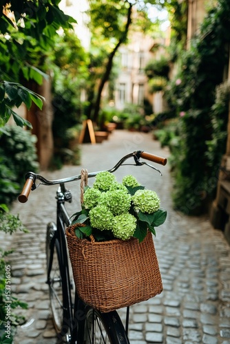 Bicycle With Green Hydrangeas in a Quaint Alley Surrounded by Greenery.