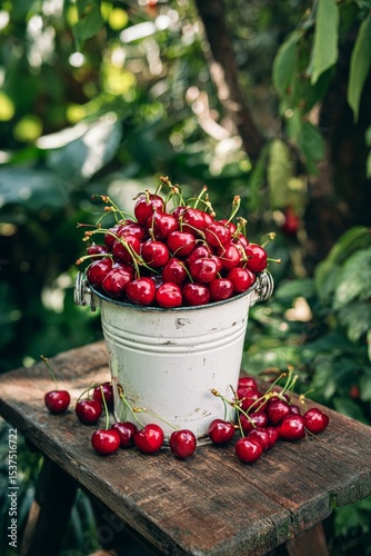 Freshly Picked Cherries in a Rustic Bucket on a Wooden Table Surrounded by Gr...