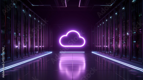 Blue glowing cloud icon in a high-speed data center corridor symbolizing cloud computing and fast data transfer.
