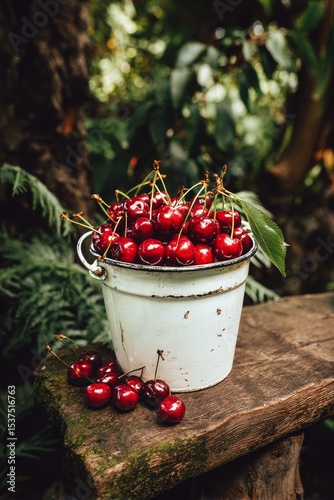 Freshly Picked Cherries in a White Bucket on a Wooden Table Surrounded by Gre...
