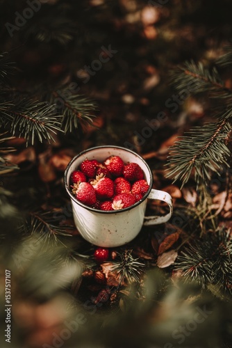 Freshly Picked Strawberries in a Cup Surrounded by Green Foliage.