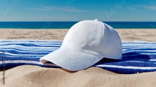 White Cap Resting on Striped Towel by the Ocean on a Sunny Beach Day