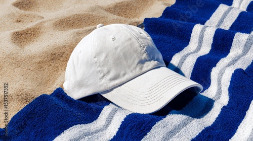 White Cap Resting on a Blue Striped Towel on Sandy Beach During Sunny Afternoon