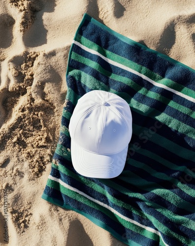 White Cap Resting on Striped Beach Towel Under Sunlight on Sandy Shore