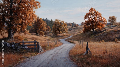 Winding Rural Path Through Autumn Trees in a Serene Landscape During Daylight