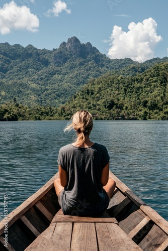 Young Woman Enjoys Serene Boat Ride on Lake Surrounded by Mountains in Bright...