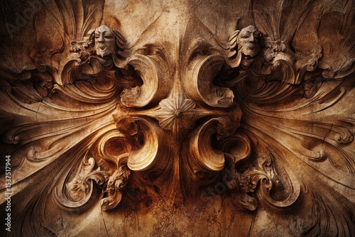 Ornate stone carving featuring symmetrical patterns, weathered texture, and two human-like faces in an aged, earthy color palette.