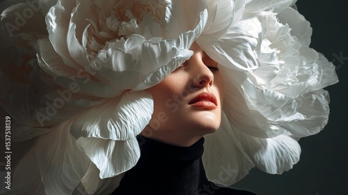 Woman With Oversized Flower Headpiece in a Creative Portrait During a Fashion...