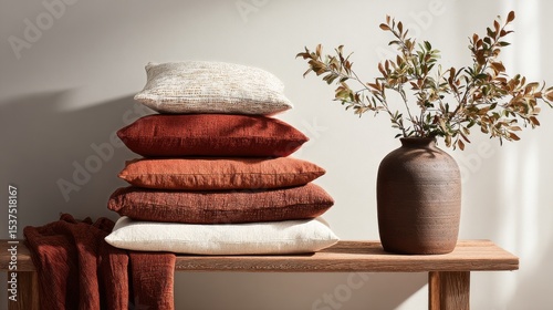 Cozy Home Decor With Textured Pillows and a Botanical Arrangement on a Wooden...