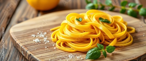 Golden, rustic homemade tagliatelle pasta nests on a wooden board,  homemade,  egg