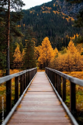 Wooden Pathway Leading Through Colorful Autumn Forest in Tranquil Mountainous...