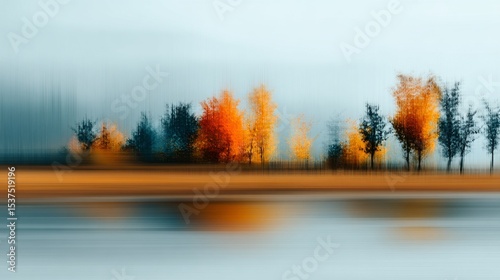 Vibrant Autumn Trees Reflect in Serene Lake at Dawn Creating a Peaceful Lands...