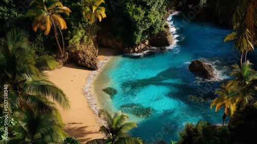 Serenity on a Tropical Beach With Palm Trees and Clear Blue Water During Dayl...